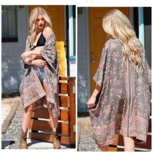 𝅺ANGIE Boho Kimono with Floral Print Border - Picture 1 of 6